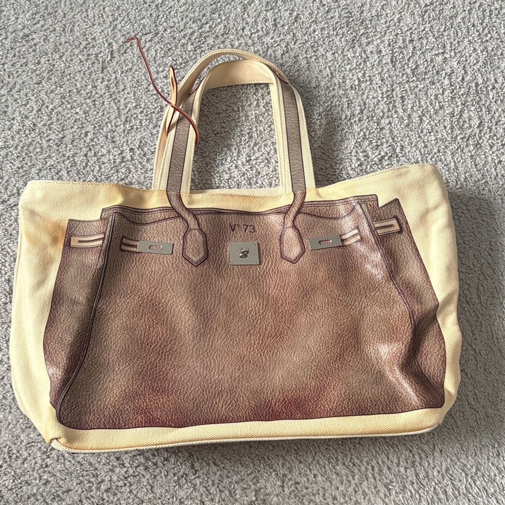 V 73 Stylish Canvas Brown and Cream Women's Tote Bag